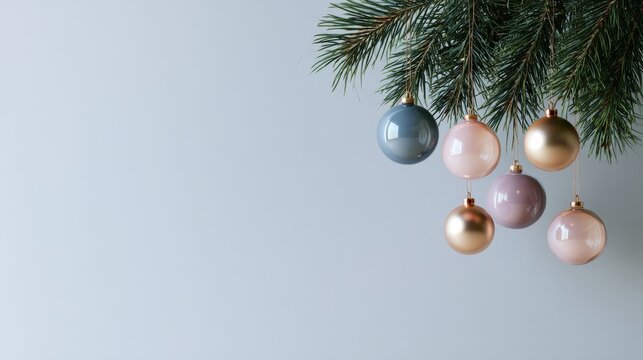 Green and champagne Christmas baubles decorate a small fir branch against a neutral background, creating natural holiday copy space, refined winter decor, Christmas, New Year.