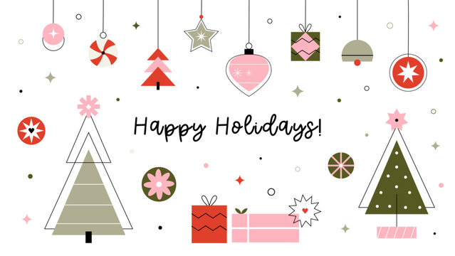 Modern geometric Christmas, New Year banner with trees gifts and hanging baubles
