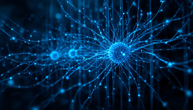 Electric blue neural network explosion with glowing particles and digital synapses in motion