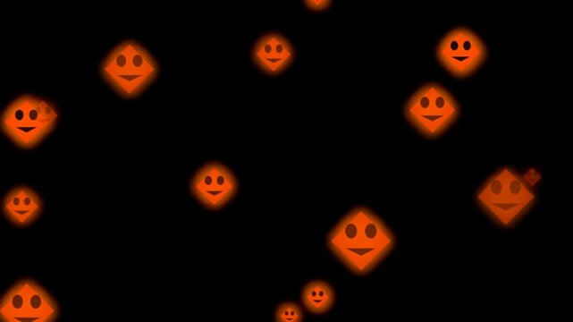 Glowing orange diamond shaped smiley faces floating on a dark black background 4K Motion Video