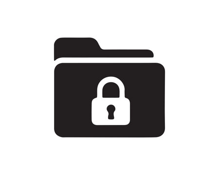 Black folder icon with a padlock symbol on a white background representing data security and file protection