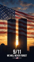 Fototapeta na wymiar 9/11 Memorial Tribute Poster with Twin Towers Silhouette and American Flag at Sunset