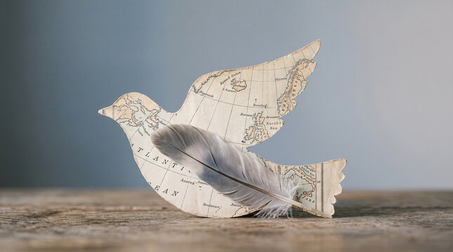 A paper bird cutout made from a vintage map with a feather on wooden table with cutout bird shape created old map single gray feather resting wooden surface exploration