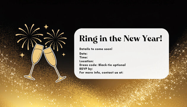 New year celebration invitation template featuring champagne glasses and golden fireworks on a black background with celebration party festive new black tie announcement