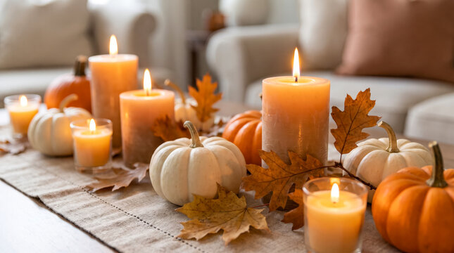 Glowing candles and mini pumpkins on a rustic table for autumn home decor