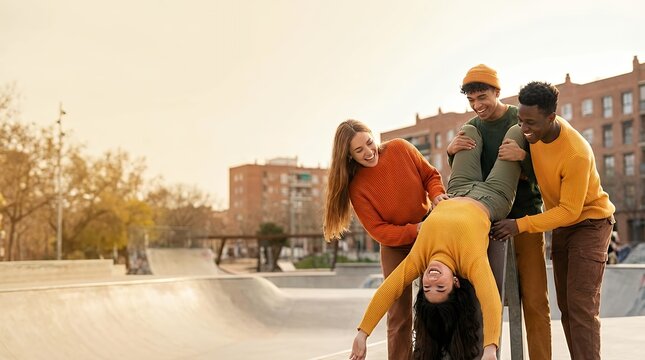A Fun and Playful Portrait of a Gen Z Woman Posing Upside Down with Three Multiracial Friends Outdoors. The Group is Fooling Around and Having Fun in a Park Capturing the Essence of Urban Youth