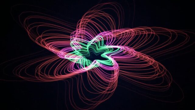 Abstract neon light flower pattern with glowing red and green lines on a dark background 4K Motion Video