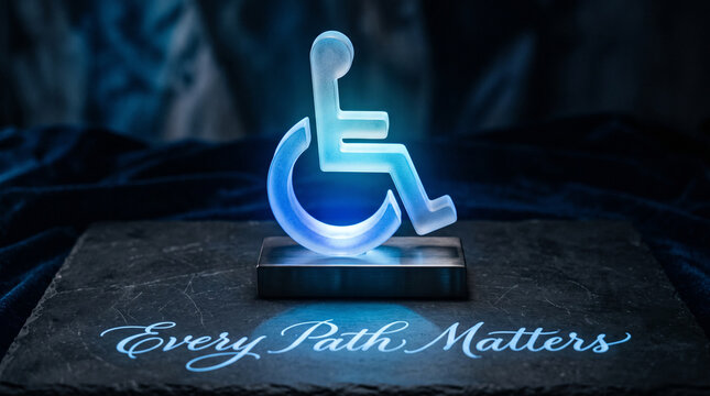 Illuminated frosted glass wheelchair accessibility symbol standing on a dark stone slab with engraved text with surface