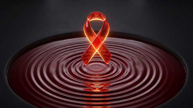 A glowing red glass ribbon symbol hovering above concentric ripples in a dark liquid pool with translucent red awareness ribbon floats suspended over dark circular basin filled rippling liquid
