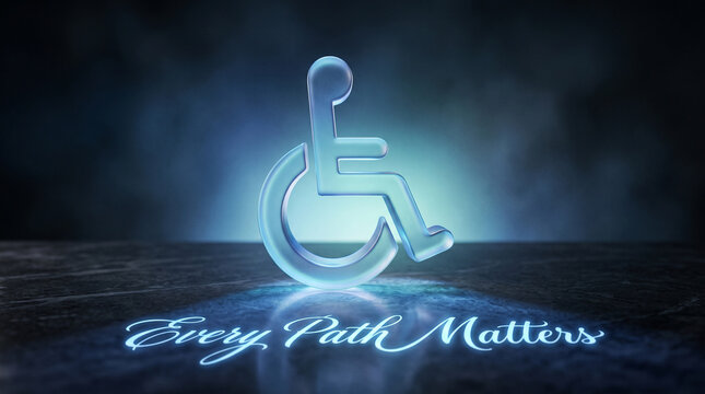 A glowing glass accessibility symbol stands on a dark surface with the text every path matters with translucent glass wheelchair symbol illuminated dark textured surface glowing light