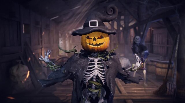 Funny 3D animation of Halloween pumpkin head skeleton talking and scaring in eerie haunted barn. Spooky background for holiday greeting cards, invitations, posters, and party events.