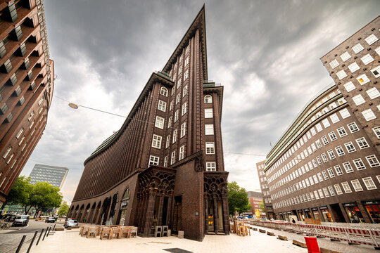 Hamburg, Germany - June 29, 2026: Exterior facade of the Chilehaus, landmark Expressionist office building in the Kontorhausviertel.