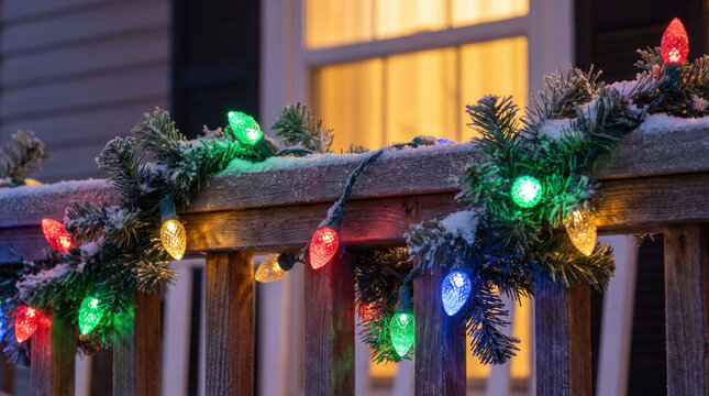 Christmas lights on a snowy porch railing, festive holiday home exterior decoration