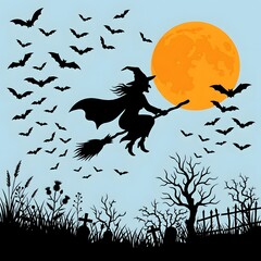 Fototapeta premium Silhouette of a witch flying on a broomstick against a full moon