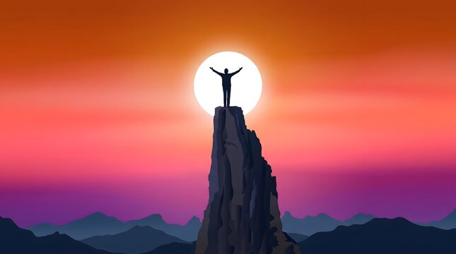 Silhouette of a person standing on a high mountain peak with arms raised in front of a large sun with standing triumphantly rocky