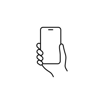 Hand holding smartphone outline icon vector illustration with smartphone communication technology cellphone