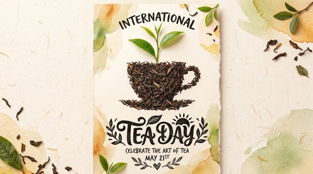 Tea cup silhouette formed from loose tea leaves with sprouting green shoot, international tea day poster celebrating tea tradition in natural watercolor paper design