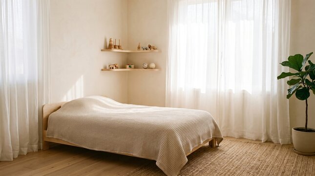 Minimalist cozy bedroom interior with wooden single bed under bright soft window light in serene japandi design home