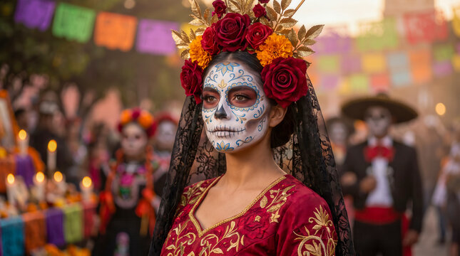 Woman with La Catrina makeup for Day of the Dead celebration in Mexico