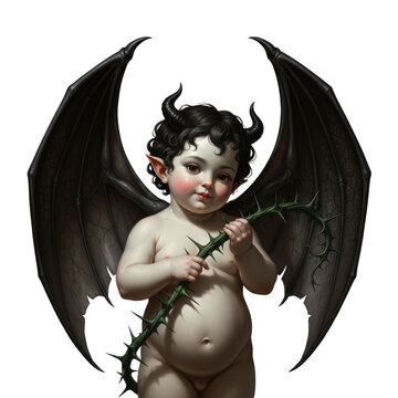 A plump cherub, porcelain skin, dark curls, horns, ears, bat wings, holds thorny vine. White background, chiaroscuro, dark romanticism.