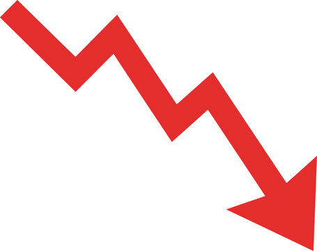 Red downward arrow showing financial loss, declining business graph vector icon, negative economic trend symbol for market crash and recession