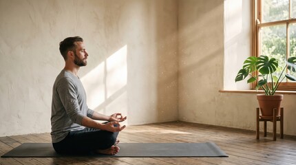 Fototapeta premium Young man meditating seated on yoga mat in sunlit minimalist room by window, indoor mindfulness practice in calm warm interior, focused breathing