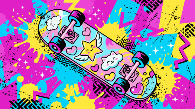 Retro 90s aesthetic skateboard vector, vibrant pink and yellow pop art background, cute kawaii stickers on skate deck
