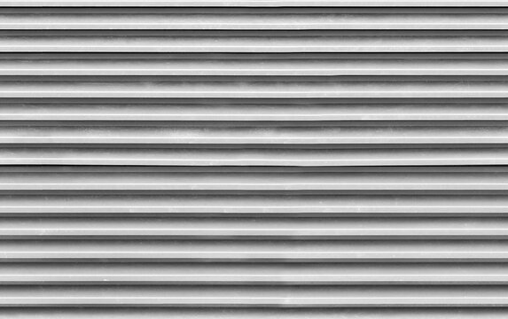 Seamless background photo of horizontal metal shutters forming repetitive louvered panels in neutral gray tones, emphasizing industrial texture, shadow lines and minimalist architectural pattern
