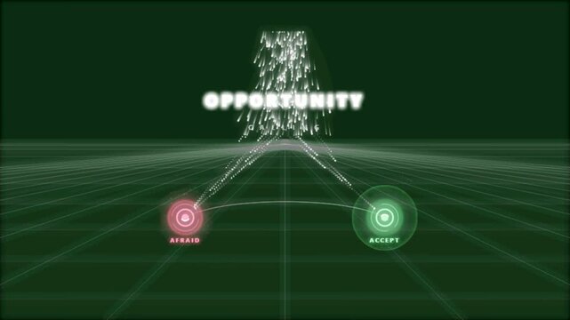 Opportunity calling concept with choice between afraid and accept buttons on a digital grid background representing business decisions and growth 4K Motion Video
