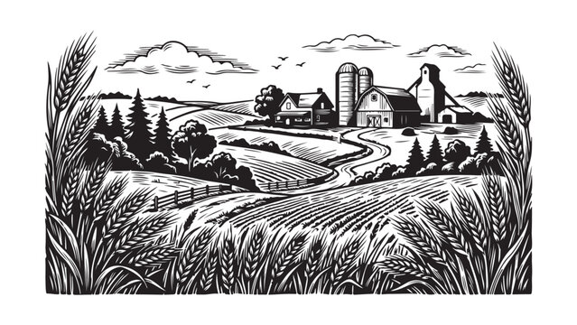 Vintage Woodcut Style Farm Landscape with Wheat Fields and Barn
