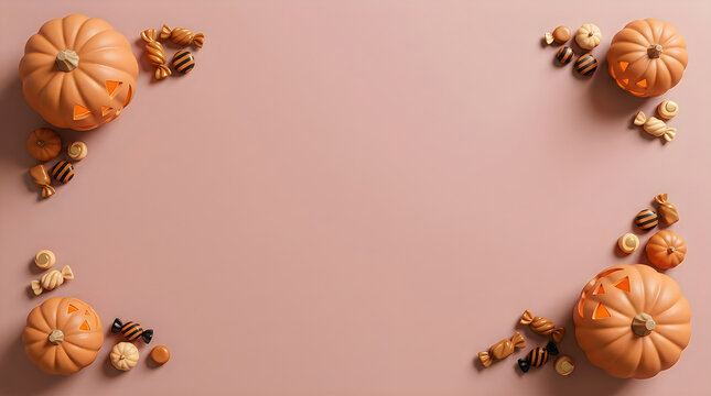 Halloween pumpkins and sweet candies arranged in corners on a simple light brown background