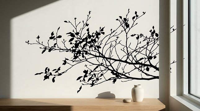 Branch silhouette with leaves on a white wall, modern interior decor