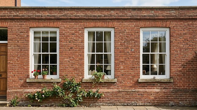 Brick building exterior with three white sash windows and potted plants
