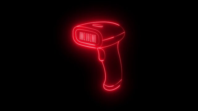 glowing neon barcode scanner icon isolated on black background. sale showing handheld retail reader for inventory control, checkout systems, logistics, and product tracking. 4k video animation.
