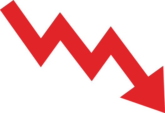Red downward arrow showing financial loss, declining business graph symbol, negative economic trend vector for market crash reports