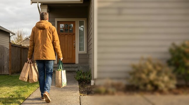 A person returning home carrying multiple grocery bags after a shopping trip person returning home carrying multiple grocery bags after shopping trip person individual man woman shopper returning