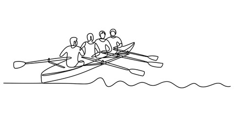 Continuous single line drawing of rowing team athletes paddling boat on river waves concept of teamwork and sports training event promotion banner graphics. © Sojib