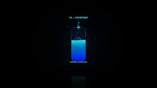 Digital battery icon showing 1 percent everyday growth concept with glowing blue light on a dark background for personal development and productivity 4K Motion Video