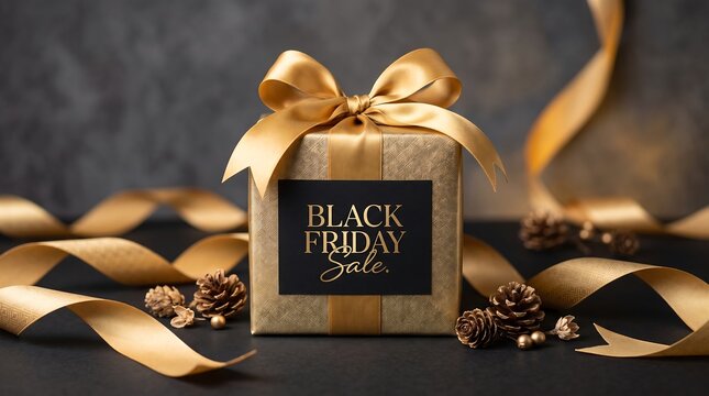 Luxurious Black Friday sale gift box with gold ribbon and pine cones