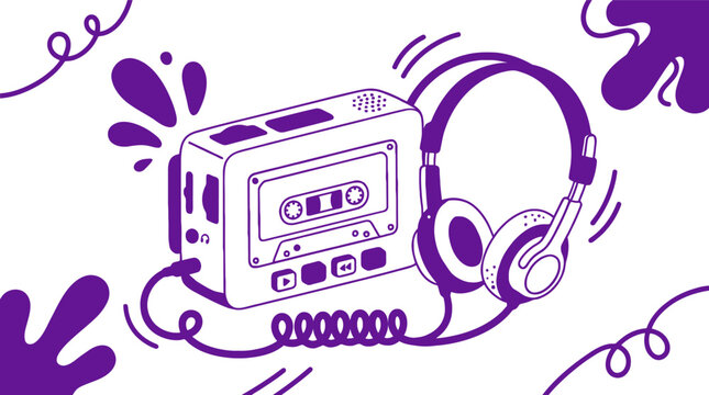 Retro cassette player and headphones vector illustration, vintage purple line art music player, nostalgic 90s audio equipment