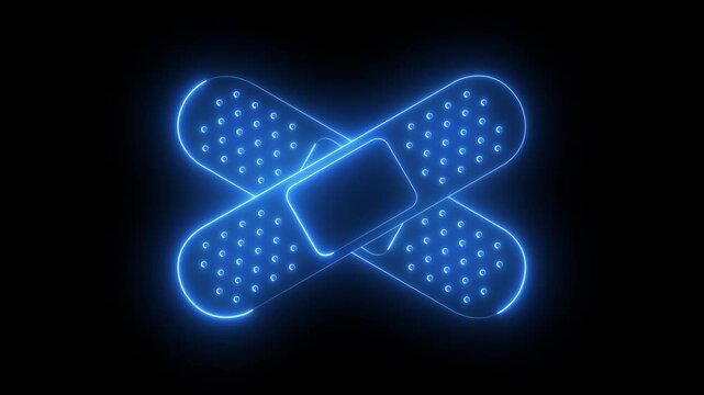 Glowing neon bandage icon isolated on black background. medical plaster first aid crossed bandages. adhesive bandage, flexible fabric bandage. 4K Video animation.