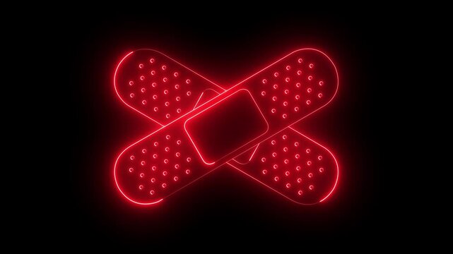Glowing neon bandage icon isolated on black background. medical plaster first aid crossed bandages. adhesive bandage, flexible fabric bandage. 4K Video animation.