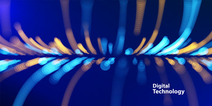 Technology Artificial Intelligence banner with perspective orange and blue dotted lines. Ai big data stream lines waves background. Futuristic network connect vector fast blurred design.