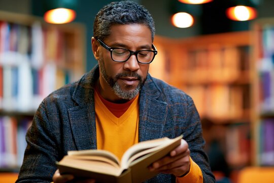 A man in a blue jacket and glasses reads a book in a well stocked library, suggesting a calm and focused atmosphere for study and learning.