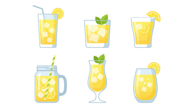 Clean modern vector clipart sheet featuring six refreshing summer drinks in a 3x2 grid, isolated glasses with citrus garnish