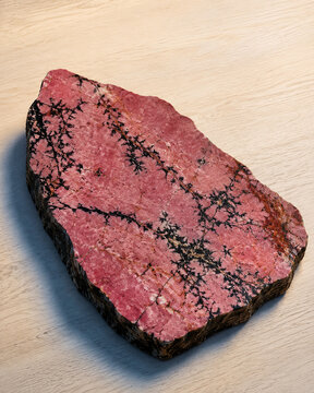 A flat, irregular slab of pink rhodonite stone with intricate black dendritic fern-like patterns, resting on a light-colored wooden surface