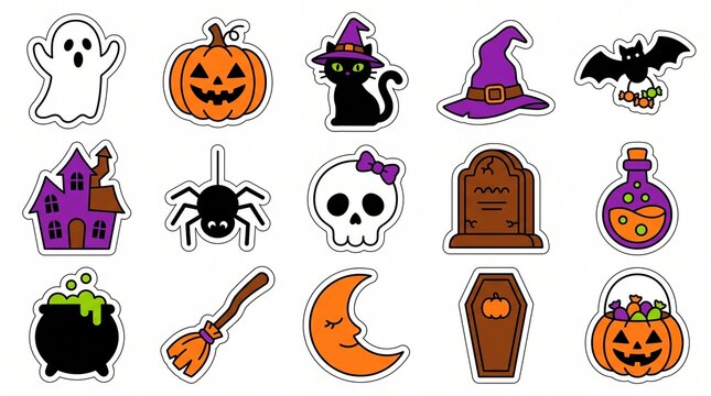 Set of cute halloween stickers featuring ghost pumpkin cat bat spider skull grave potion witch broom moon coffin