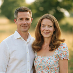 Fototapeta premium Couple smiling and looking at the viewer in a natural outdoor setting, sharing a genuine connection and happiness