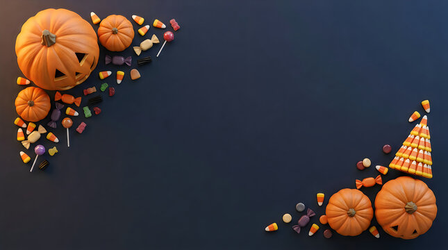 Orange pumpkins and colorful candy sweets arranged as a border on a dark black background