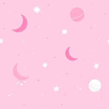 Seamless pattern with planets, moons and stars in a pink sky.